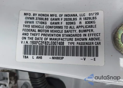 2020 Honda Civic Sport z USA, uszkodzony, nr VIN 19XFC2F82LE007408